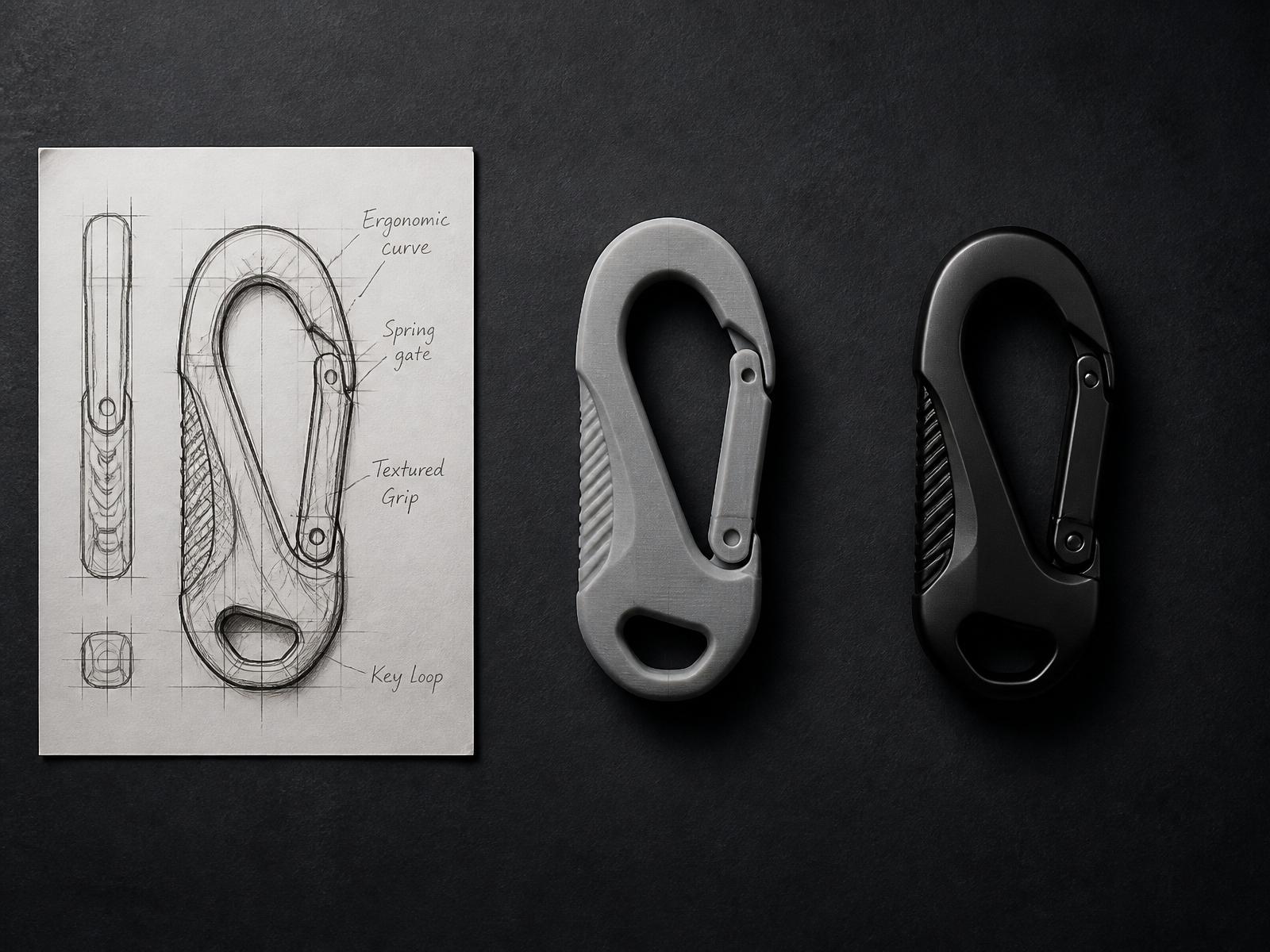 Evolution of the Atlas carabiner from sketch to 3D-printed prototype to finished product