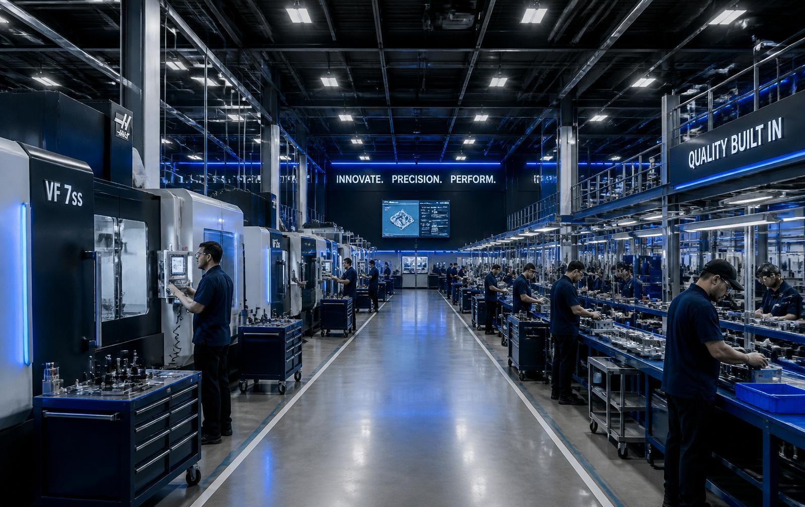 A modern manufacturing floor with CNC machines and assembly lines